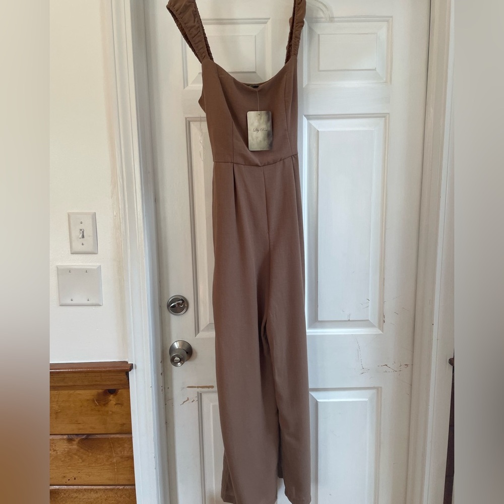 Lily Rose Tan Jumpsuit with Ruffled Straps.
